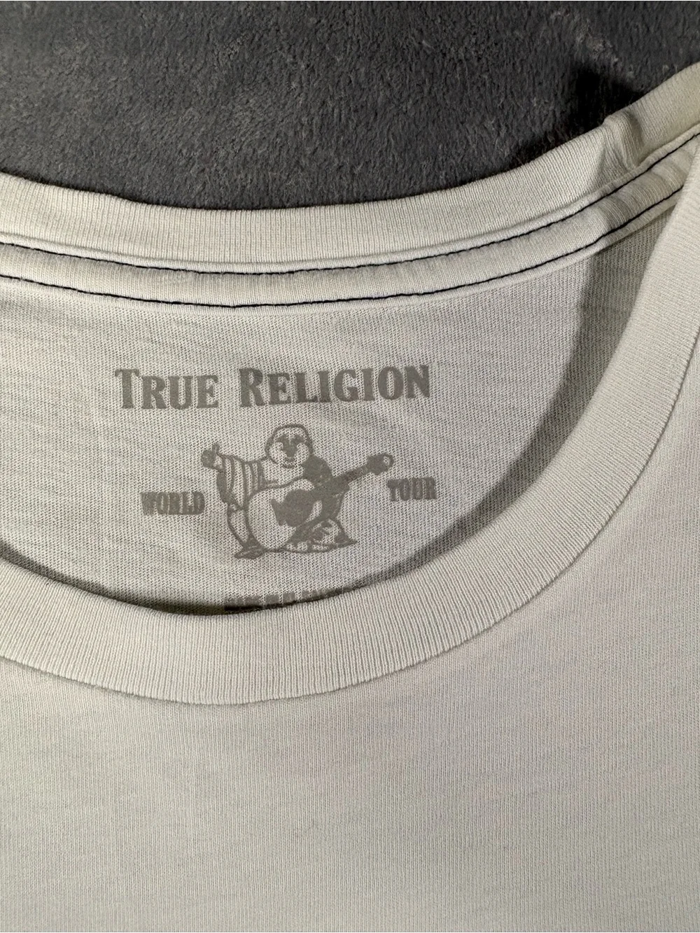 Vintage True Religion Men’s White Tee with Teal Graphic Logo